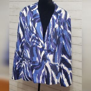 Chico's 3 Blue and White Abstract Blazer Cotton Blend Lightweight Spring/Summer